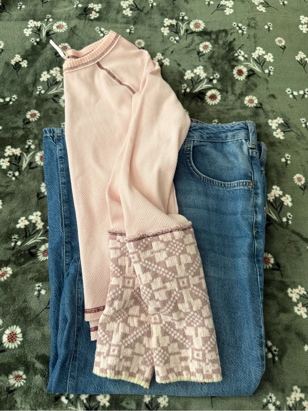 Free People Reversible Pale Pink Long Sleeve Thermal Top with Patterned Cuffs